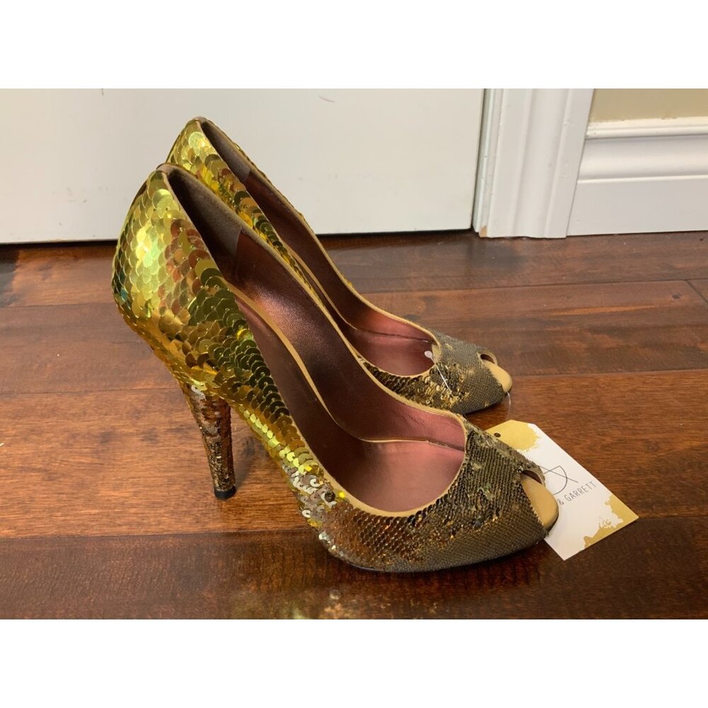 Miu Miu Gold Sequin Peep Toe Stiletto 5" Heels, Size 9 | 39